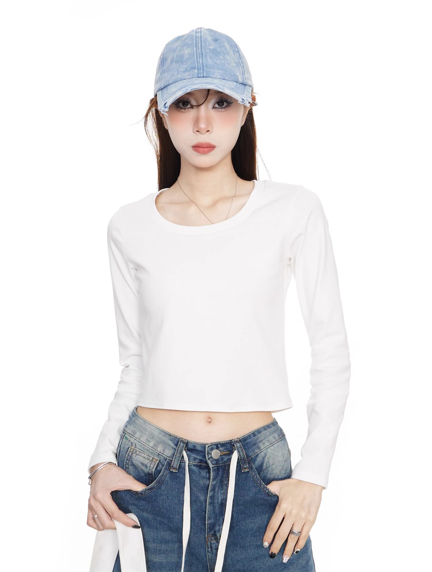 NOME Long-Sleeve T-Shirt for Women, New Early Autumn Style, Hot Girl Inner Wear, Short High-Waist Top, White, XL 9