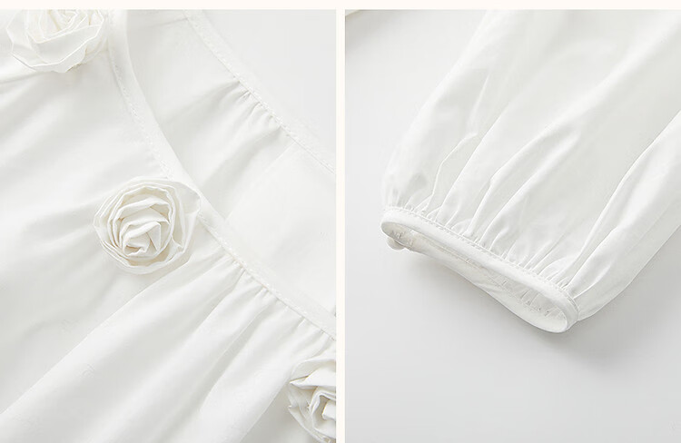 Dme [Moonlight Old Dream] Autumn French Pure Cotton Handmade 3D Floral V-Neck Pleated Blouse Women's Top 10