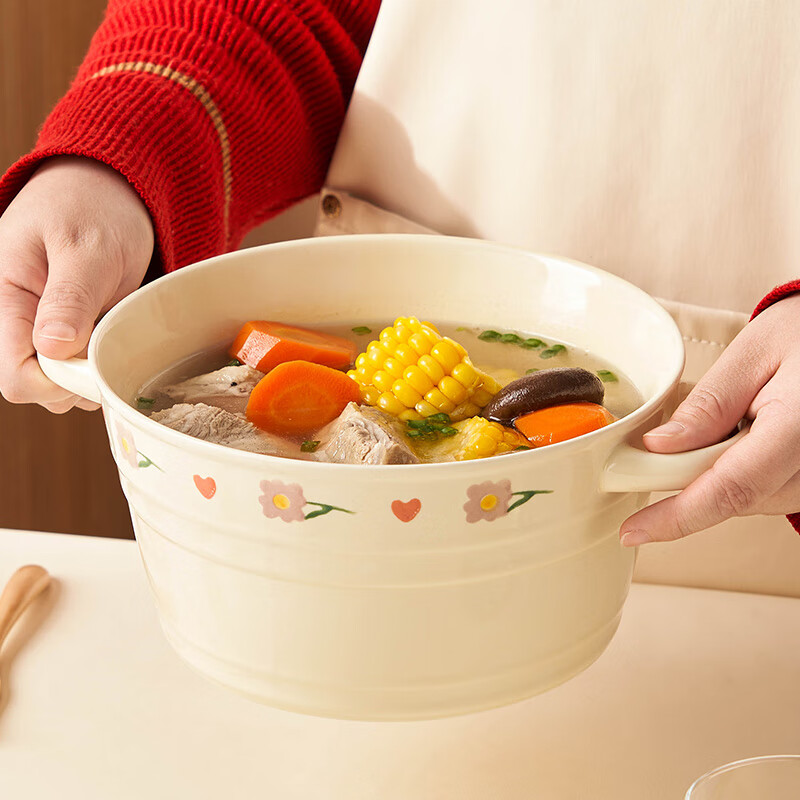 Youlaifu Ceramic Bowl with Double Handles, for Home Use, Suitable for Soup, Noodles, Salad, Luosifen, Mala Tang, Ramen, 10 Inches, Dishwasher Safe