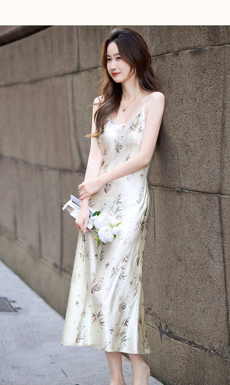 Demana [Pearl Luster] Spring French Style 100% Eastman Acetate Foil Print Camisole Dress for Women 17