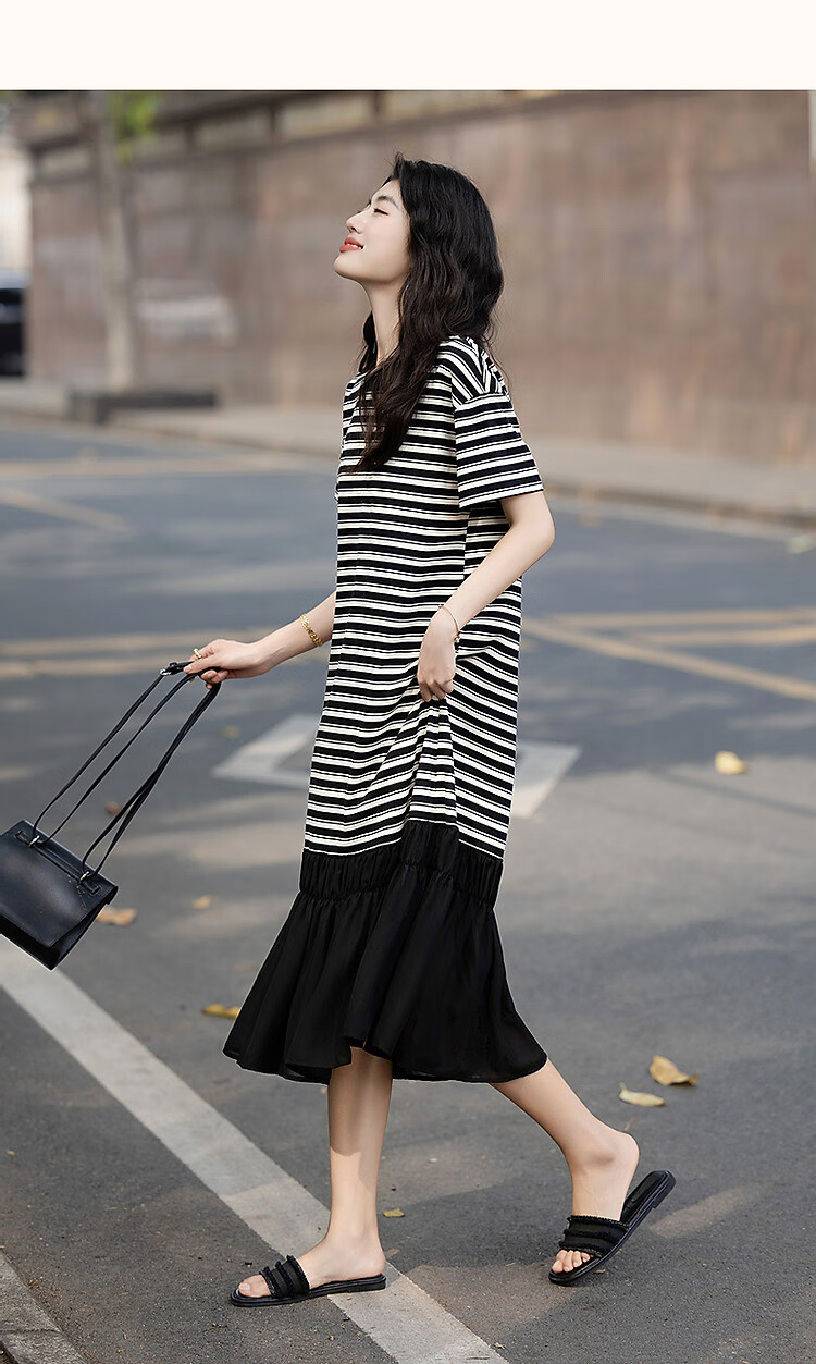 Demana High Elasticity Body-Friendly Summer Ribbed Round Neck Ruched Wave Edge Waistless Five-Sleeve Women's Dress 16