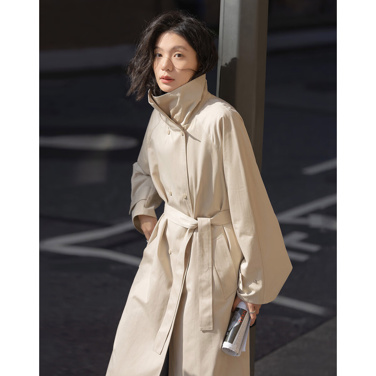 Demana [Fun Light Outdoor] Spring College Style Cotton Double-Breasted Comfortable Long Trench Coat for Women