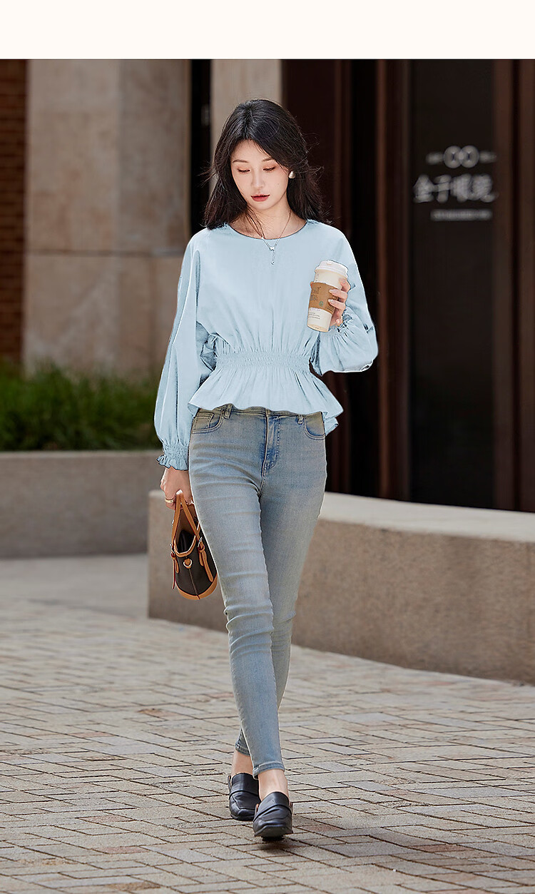 Dme [Will Breathe Cotton] Spring And Autumn French-Style Relaxed Round Neck Smock Waist-Cinching Drop Shoulder Slimming Shirt Women's Top 39