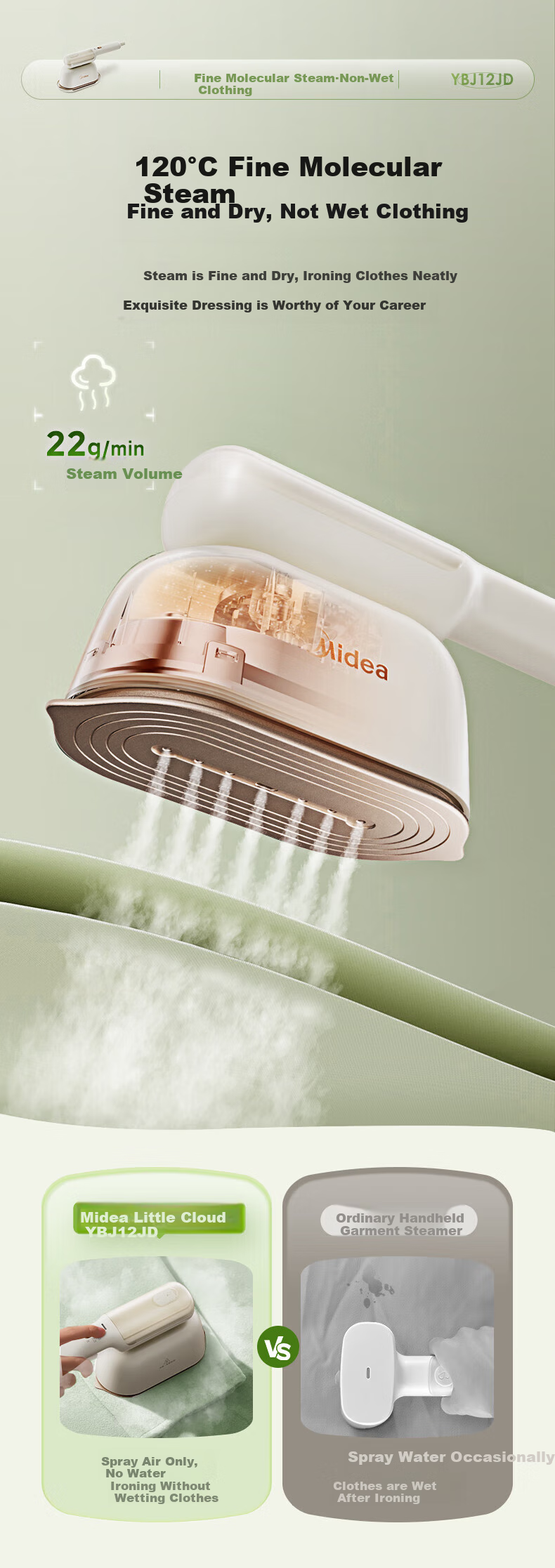 Midea Handheld Garment Steamer [Top Pressure Steam] Flat And Hanging Wet-Dry Multi-Function Electric Iron, Home Use Garment Steamer, Disinfection And Sterilization, Portable for Business Trips And Group Purchase, YBJ12JD 5