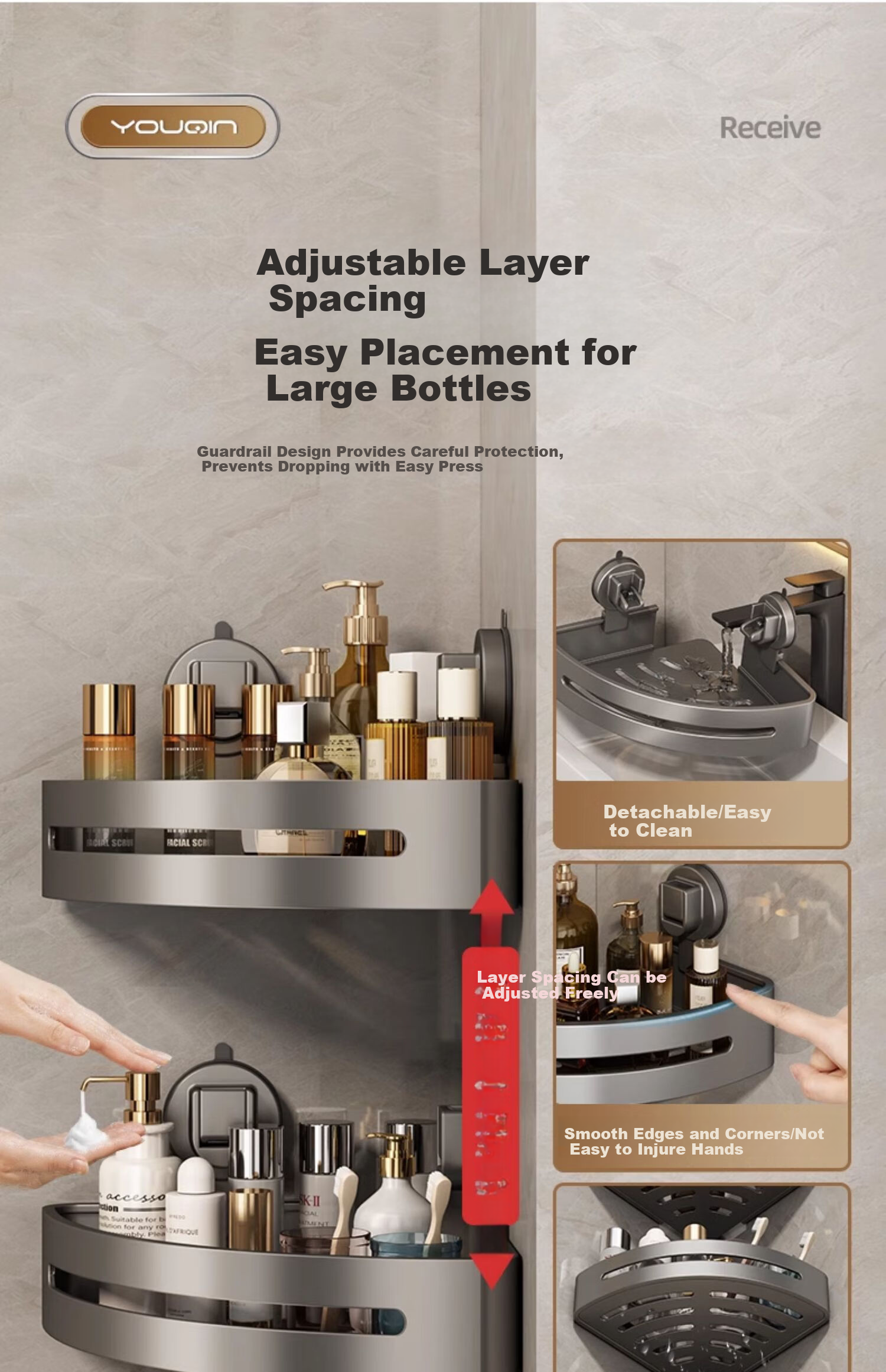 YOUQIN Bathroom Storage Rack, Gun Gray Color, Suction Cup, No Drilling Required, Wall-Mounted Triangle Storage Basket 8