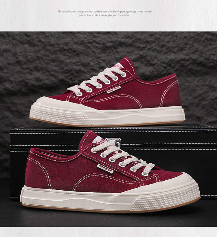 Warrior Official Canvas Shoes, Men's Summer Low-Top Versatile Classic Casual Sneakers, Men's Skateboard Shoes, Wine Red, Size 40 15