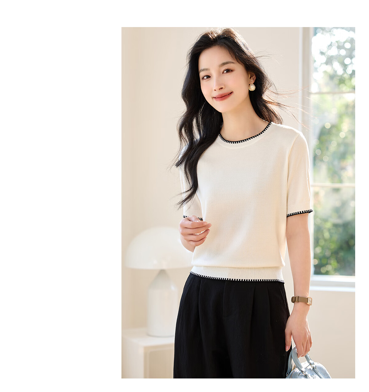 Chushen Summer Knitted Short-Sleeve T-Shirt for Women, Fashionable Round Neck Contrasting Color Design, Simple And Elegant Knitted Top Base Shirt S52T025 17