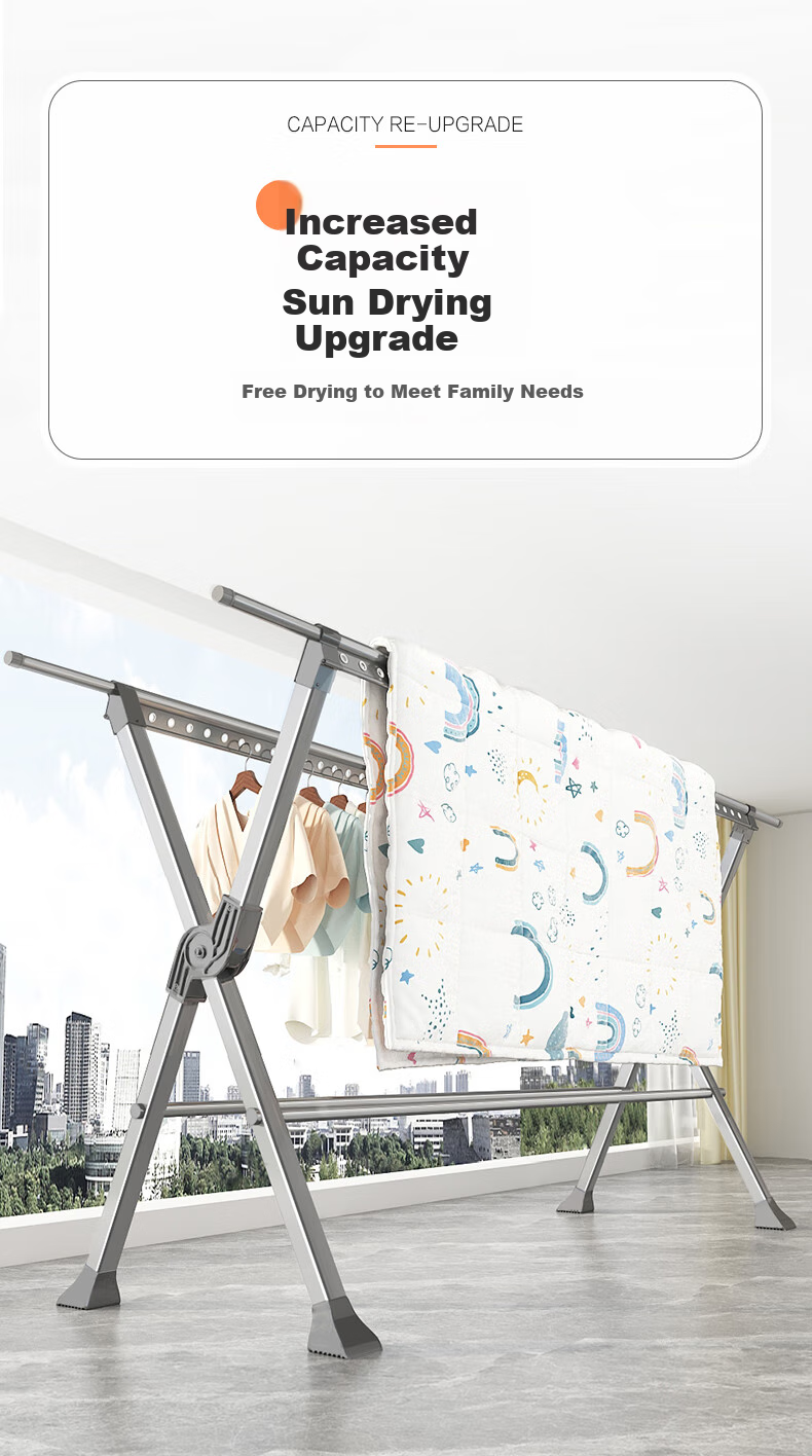 BIX Folding Clothes Drying Rack, Indoor Laundry Hanger, Balcony Quilt Drying Stand, Aluminum Alloy Gunmetal Gray, 1.3M Three-Rod 7