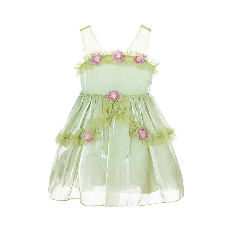 Follow Me Girls' Sleeveless Dress, Summer New Style Sweet Floral Princess Dress, Children's Formal Dress Tulle Skirt, Green, Size 160