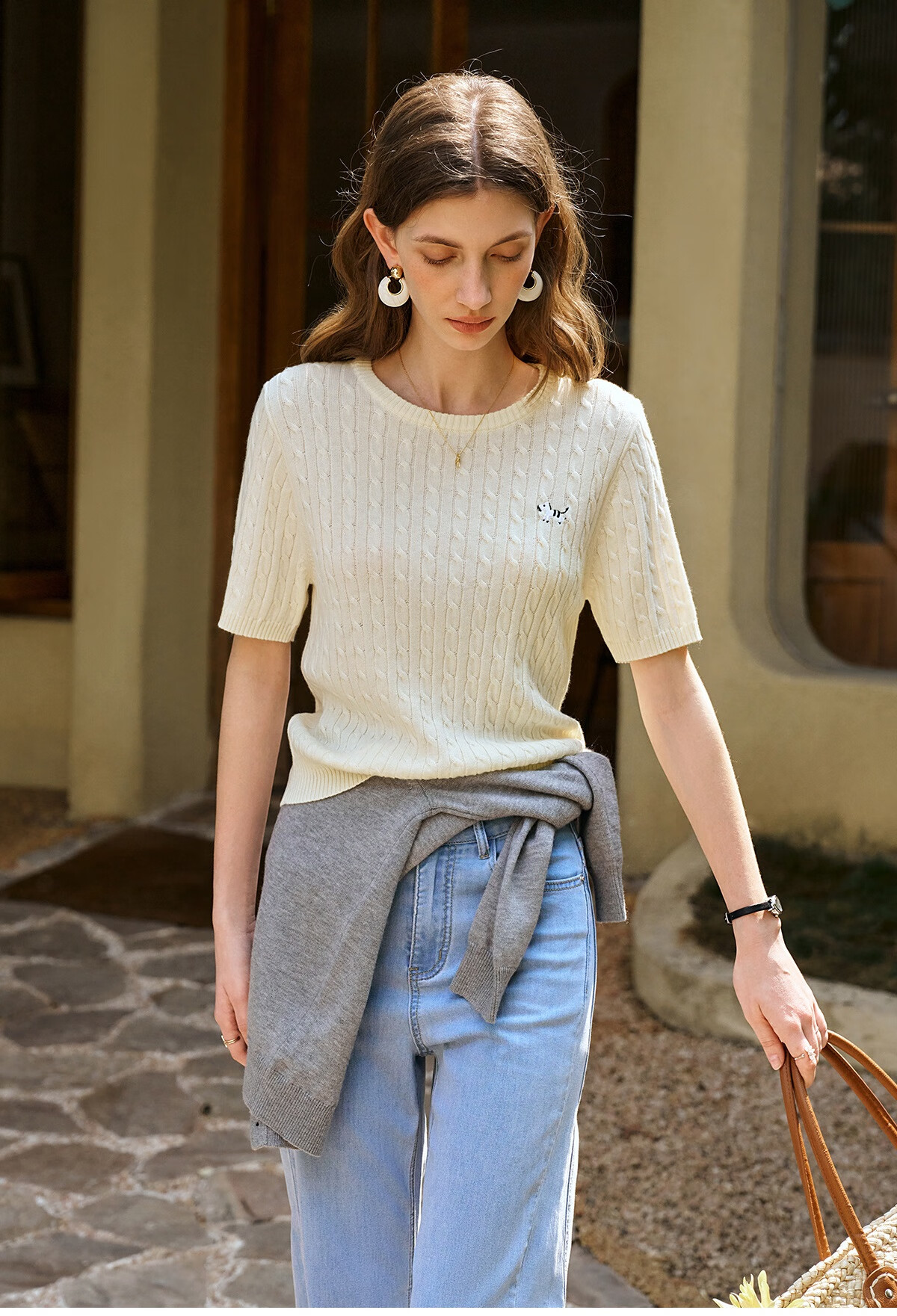 Oulain Summer Women's Short-Sleeve Knit Top, Casual Commuter Pullover Sweater, Apricot Color, Size L 22