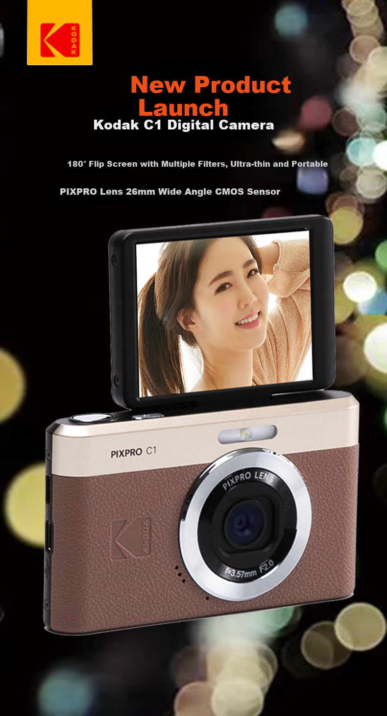KODAK C1 Flip Screen, 2.8-Inch 13MP, 26mm Wide-Angle, 1080P HD, Ultra-Thin Portable Selfie Digital Camera, Black Kit (Camera + 32GB TF Card + Case) 1