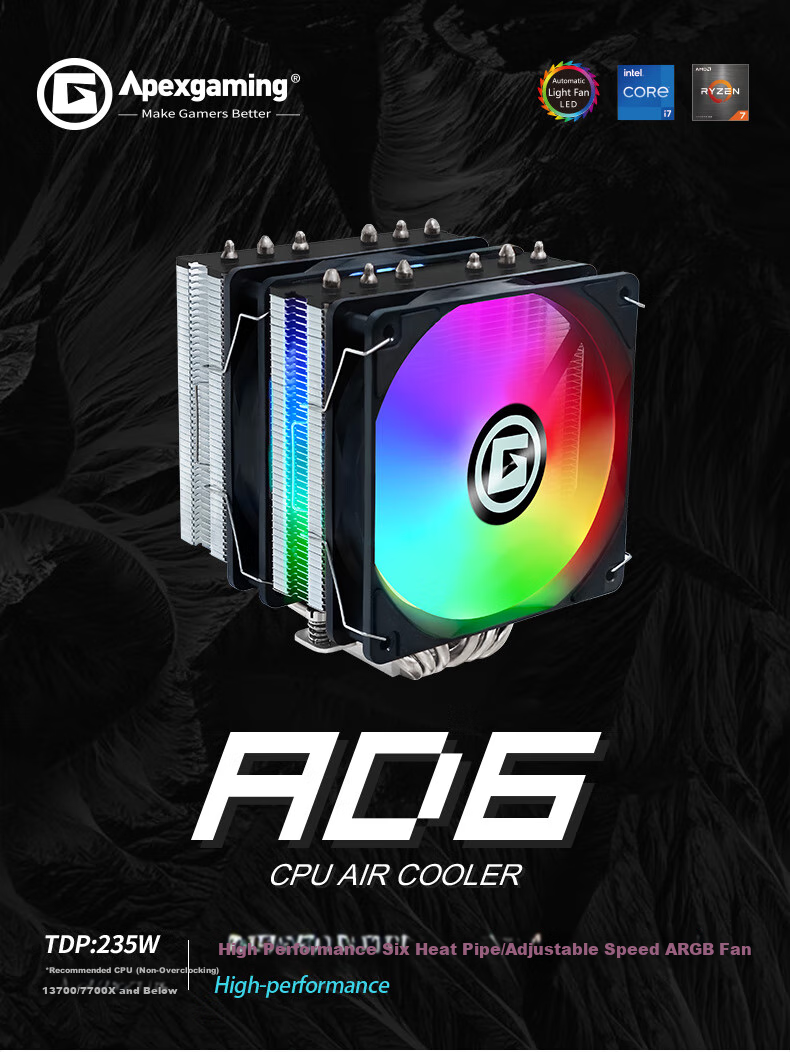 Apexgaming P6BG High-Performance 6-Heatpipe Direct-Contact Single Tower Cooler 1