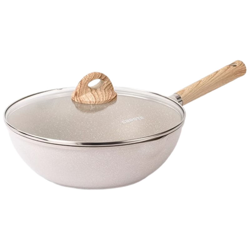 CaROTE Non-Stick Titanium Frying Pan 32cm Maifan Stone Flat Bottom Wok for Home Use Compatible with Induction and Gas Stoves