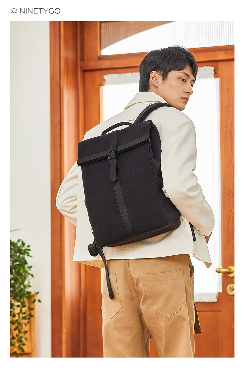 90Fen Casual Sports Backpack, Simple British Style Large Capacity Lightweight 15.6-Inch Laptop Bag, Dark Night Black 2
