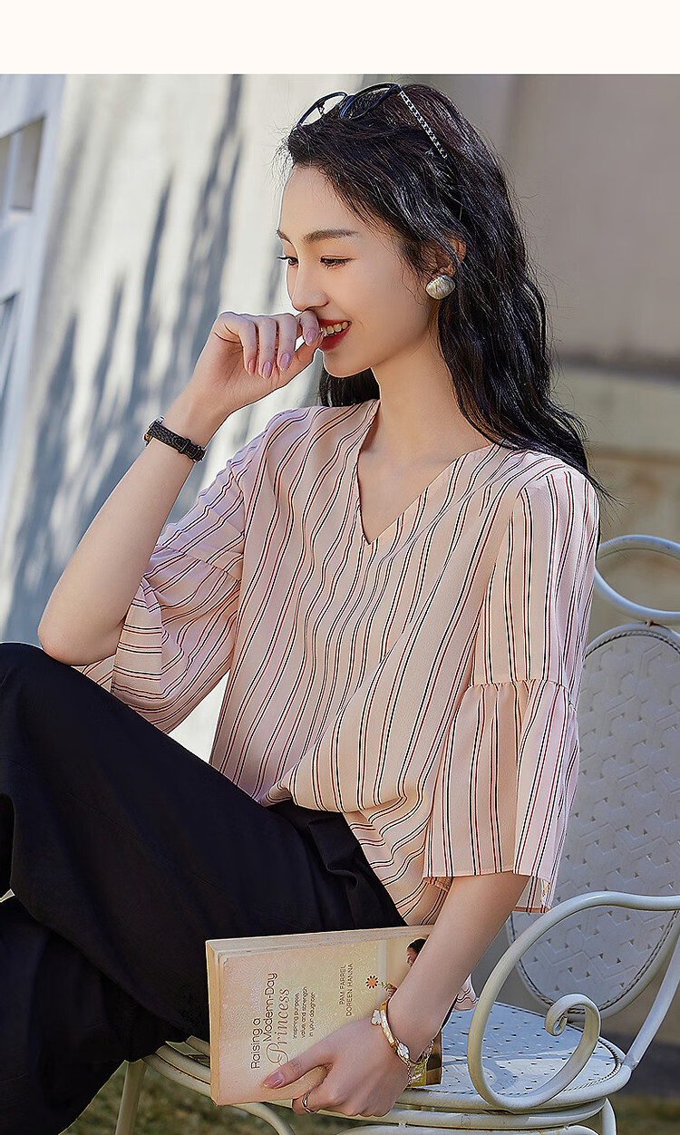 Demana [Artistic Melody] Summer V-Neck Composite Silk Huayao Shirt with Pleated Bell Sleeves Flowing Blouse Women's Top 35