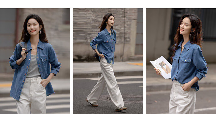 Dme [Light Breath Cloud Cotton] Spring Fashion V-Neck Collar Shirt, Comfortable Slimming Denim Blouse, Women's Top 3