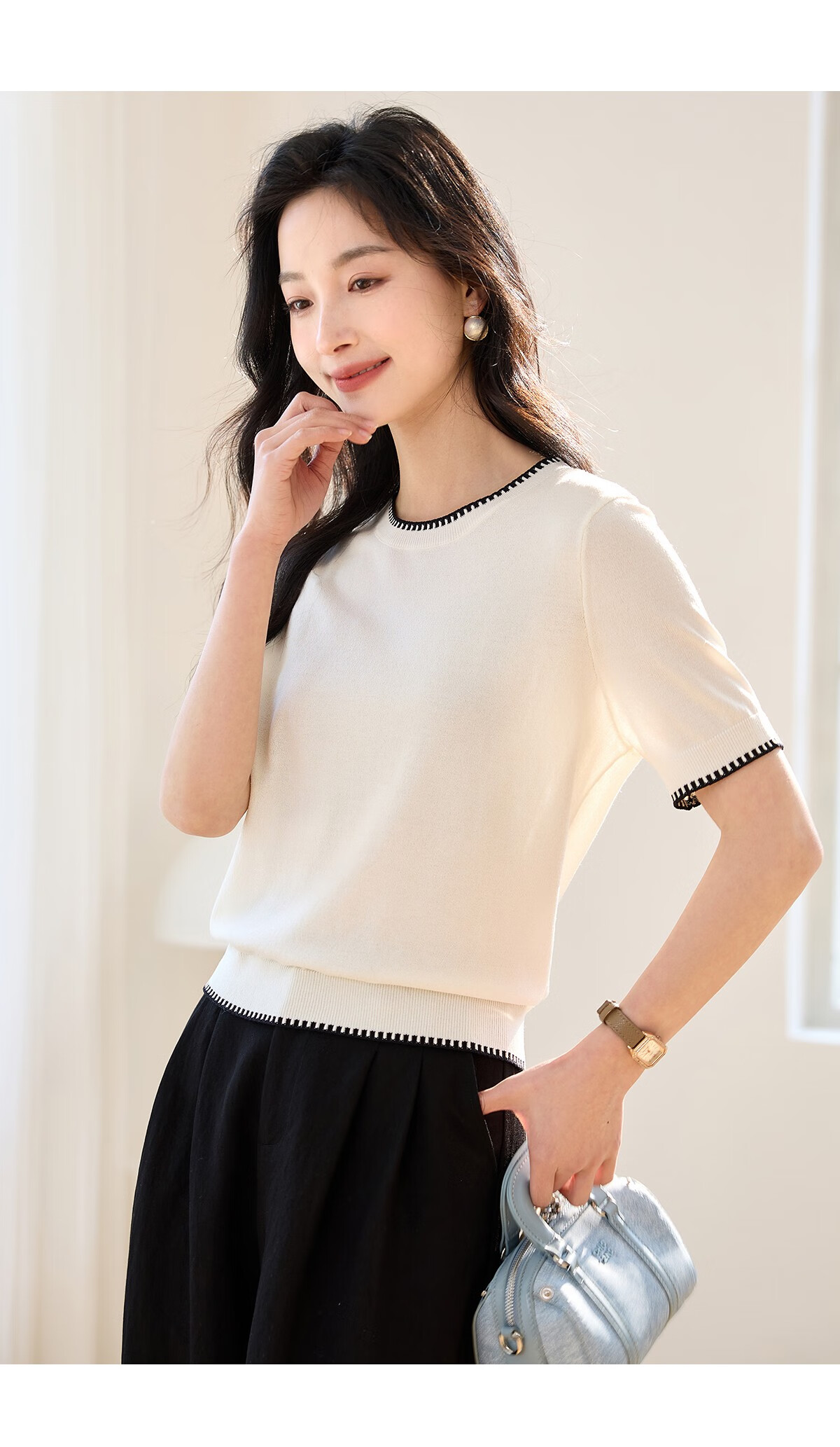 Chushen Summer Knitted Short-Sleeve T-Shirt for Women, Fashionable Round Neck Contrasting Color Design, Simple And Elegant Knitted Top Base Shirt S52T025 19