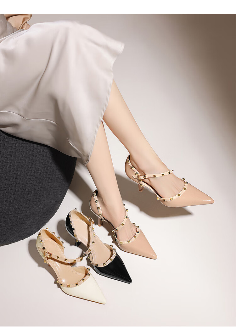 ZHR Rivet High Heels for Women, Elegant Pointed Toe, Socialite Style, Thin Heel Pumps, Sexy Closed-Toe Sandals for Women, IE02, Nude Pink, Size 34 8