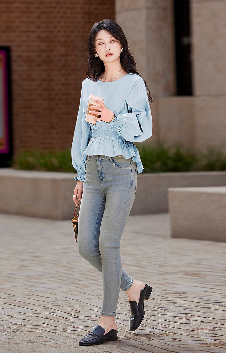 Dme [Will Breathe Cotton] Spring And Autumn French-Style Relaxed Round Neck Smock Waist-Cinching Drop Shoulder Slimming Shirt Women's Top 37
