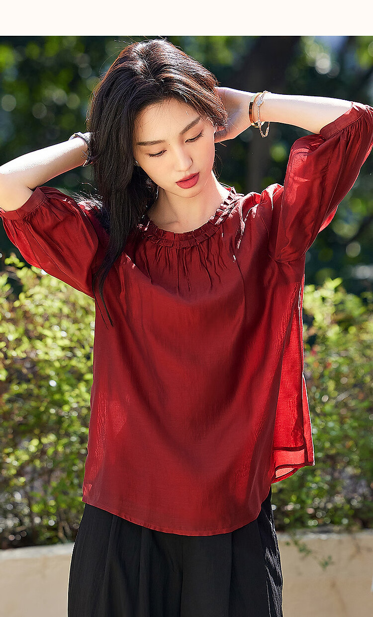 Dme [Lyocell Selection] Summer Pleated Round Neck Water Drop Button Blouse, Puff Three-Quarter Sleeve Shirt, Women's Top 9