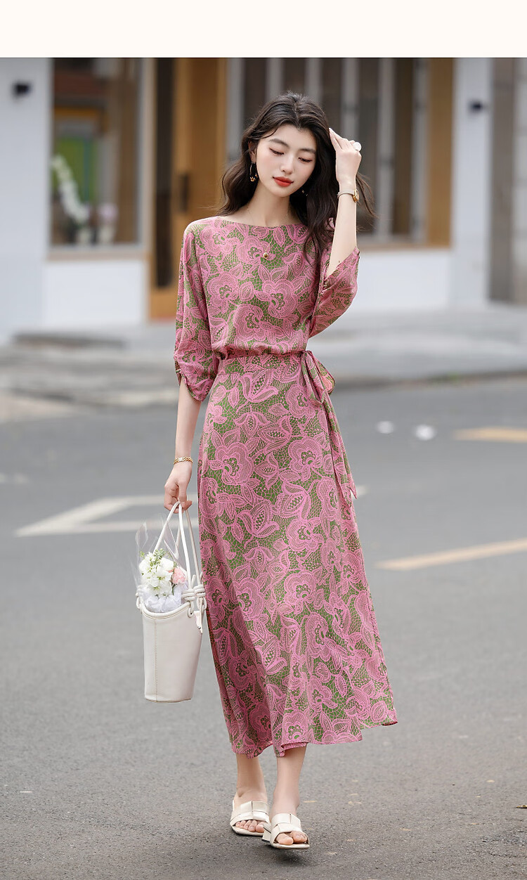 Dme One-Piece Waist-Tie Summer Off-Shoulder Tea Dress Flowing Composite Silk Floral Slimming Women's Dress 12