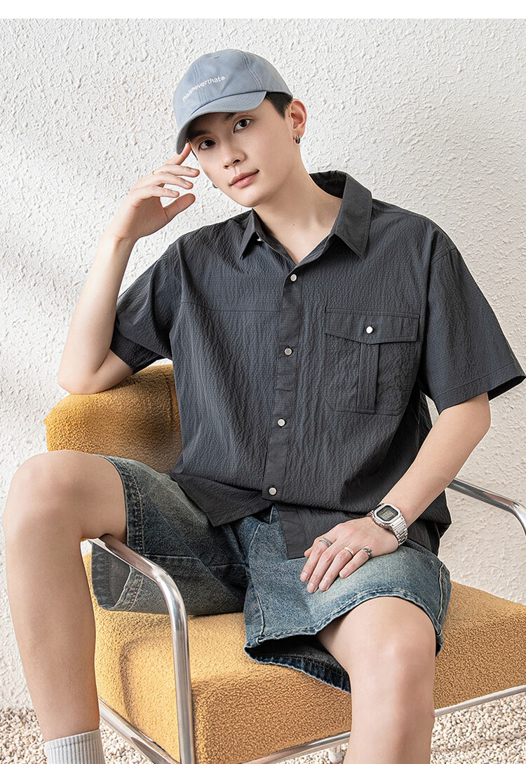 TonLion 2025 Summer Men's Lapel Front Chest Single Pocket Split Short-Sleeve Shirt 10