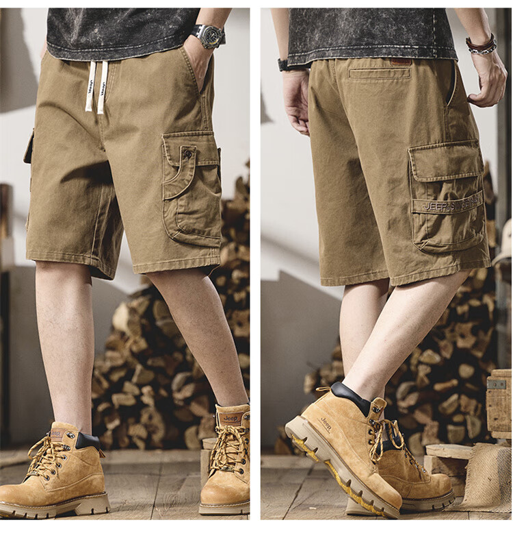 JEEP Men's Shorts, Summer Casual Breathable Loose Cargo Pants, Versatile Knee-Length Shorts for Men, Khaki, M 8