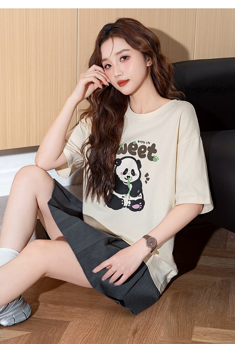 TonLion 2025 Summer Women's Knitted Front Chest Cartoon Panda Short-Sleeve T-Shirt, Apricot Color, Size L 15