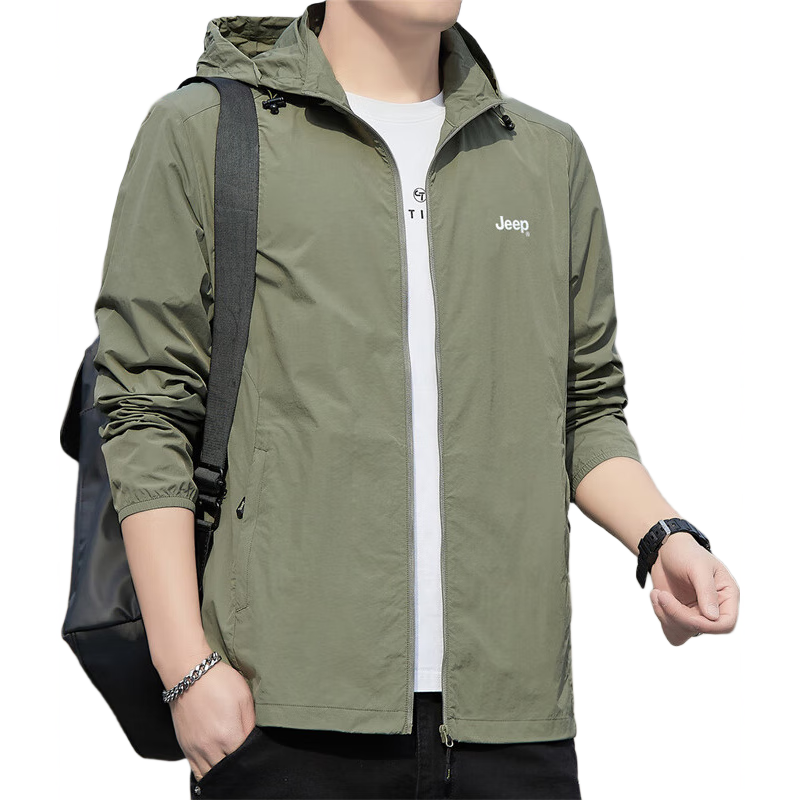 JEEP Men's Sun Protection Jacket, Summer Ice Silk Breathable Skin Coat, Quick-Dry Clothing for Men, Army Green, 2XL