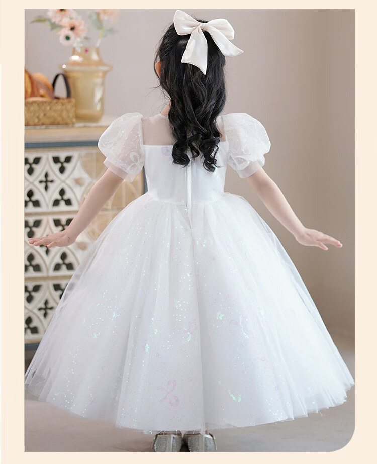 LUOBOBEIBEI Girls' Princess Dress, Summer 2025 Performance Costume, Children's White Dress, Tulle Puffy Skirt, White, Size 130 6