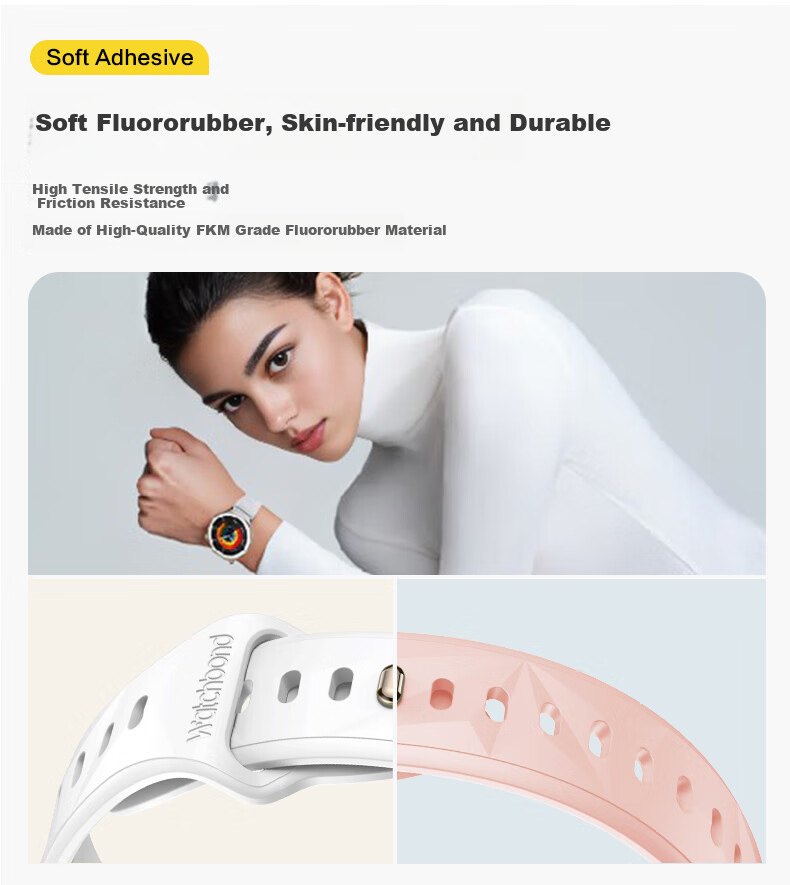 Watchbond Compatible with Huawei Watch GT5Pro Strap, Watch5 Women's Model 42mm Glacier White Fluoroelastomer Strap, GT5/GT4 Women's 18mm Universal Premium Wristband 4