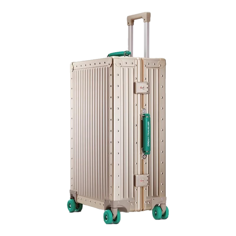 Dream Traveler All-Aluminum Magnesium Alloy Trolley Suitcase with Spinner Wheels, Metal Luggage for Men And Women, 26-Inch Gold with Gree