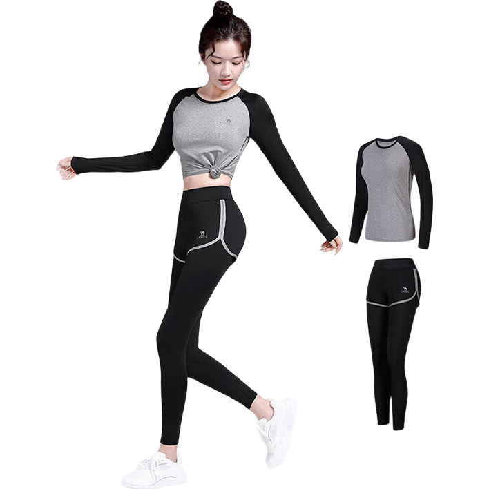 CAMEL Yoga Wear for Women, Long Sleeve Casual Gym Workout Outfit Set, Thin Style YK22265494 Gray XL