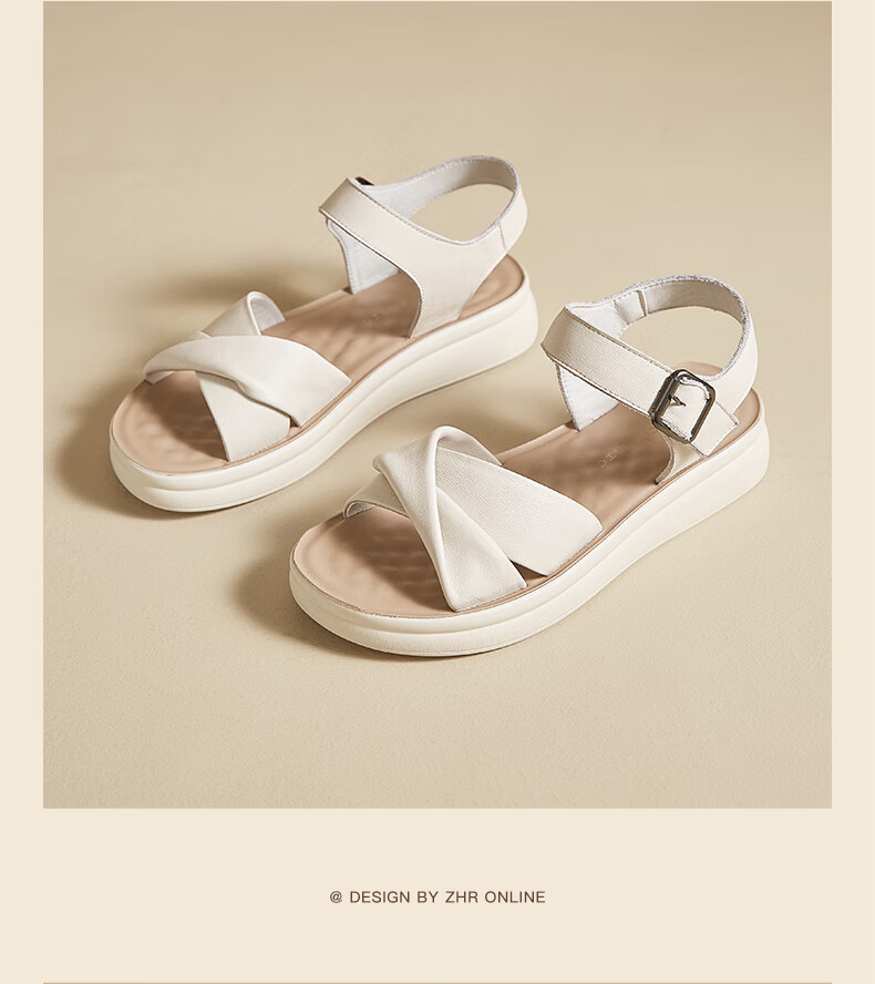 ZHR Zese First Layer Cowhide Thick Sole Sandals Women Summer Breathable Open Toe Comfortable Leather Soft Sole Single Strap Shoes EQ05 Beige Size 36 14