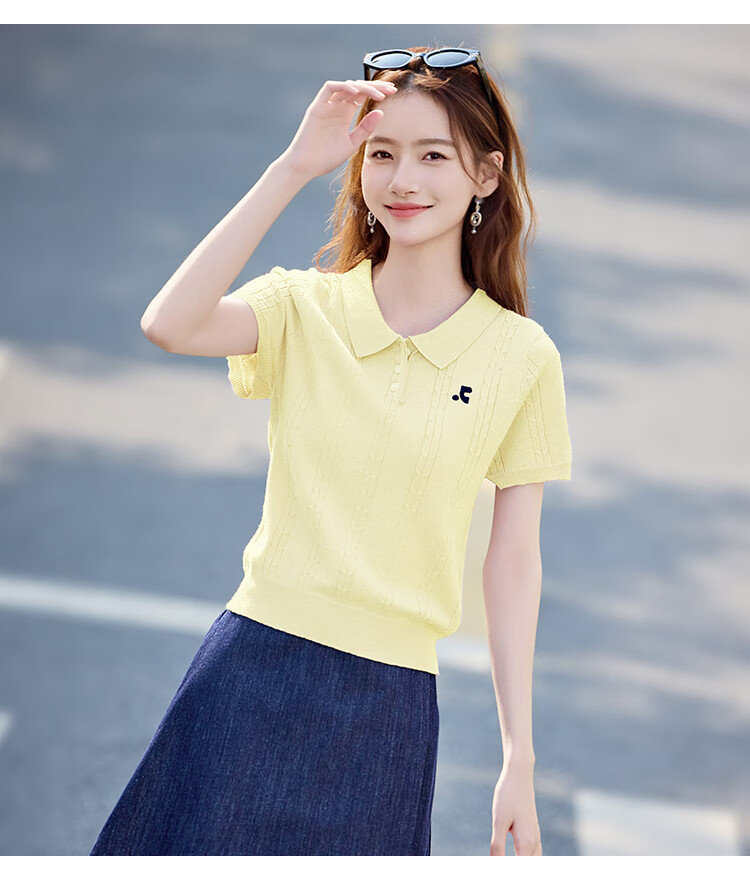 Shangjing Women's Short Sleeve Knit Top Summer New Sweet Polo Collar Slim T-Shirt 19