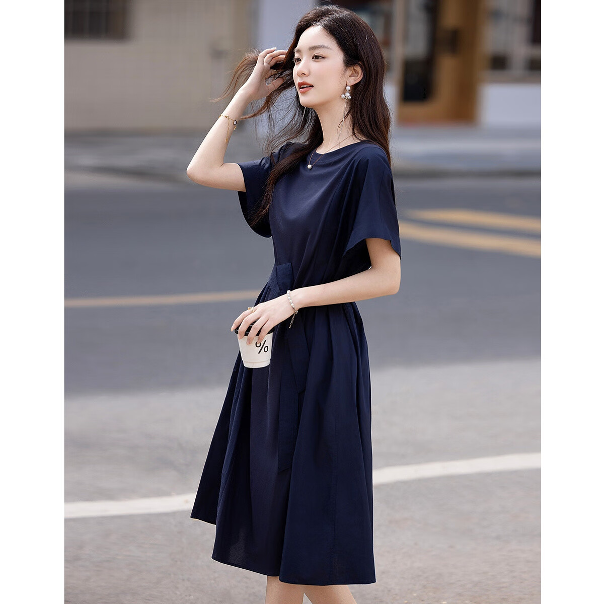 Dme [50 Pieces of Pure Cotton Brocade] Summer Elegant Office Round Neck Tie-Up Spliced Mid-Length Slimming Women's Dress