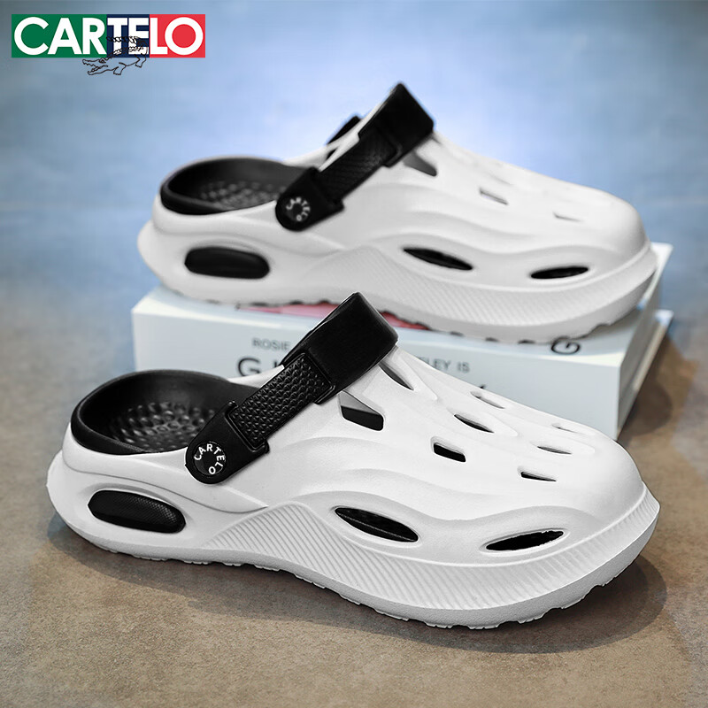 CARTELO Men's Summer Hole Shoes Breathable Thick-soled Beach Sandals Black White Size 42/43