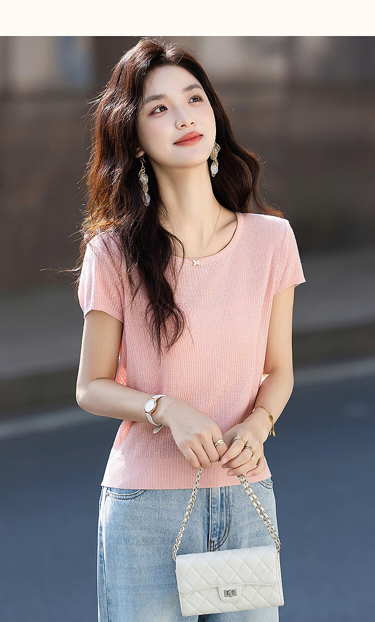 Demana Natural Linen Summer Elegant Round Neck Short Sleeve Loose Knit Top for Petite Women 17