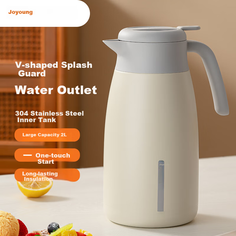 Joyoung Insulated Thermos, Household Hot Water Kettle, Thermos Flask, 304 Stainless Steel, Large Capacity, Outdoor Warm Water Bottle, 2L White B2LF2S