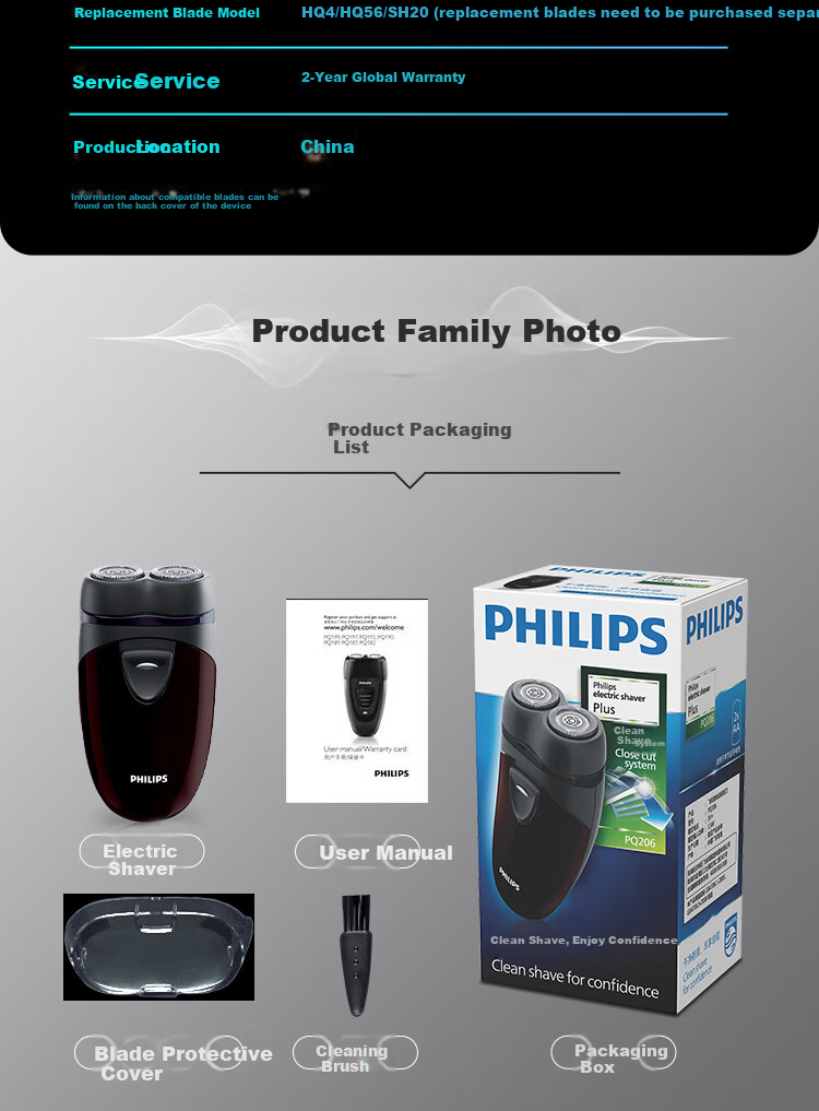 PHILIPS Electric Shaver, Men's Rotary Razor, Imported Dual-Blade Classic Portable, New Year Gift for Boyfriend Or Father, Battery-Powered PQ206/18 7