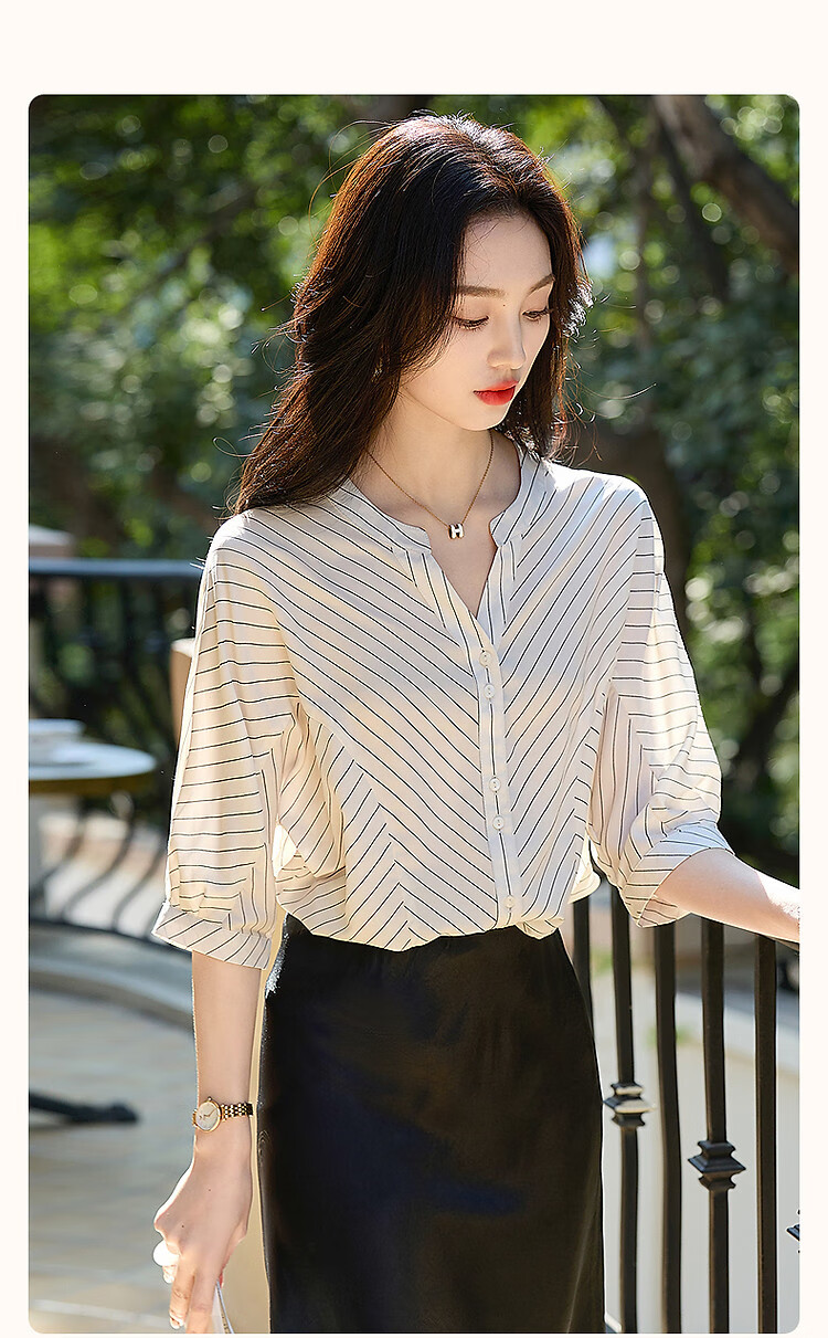 Dme [Unwearable Stripes], Summer Elegant V-Neck Patchwork Shirt, Connected Sleeves, Loose Comfortable Blouse, Women's Top 2