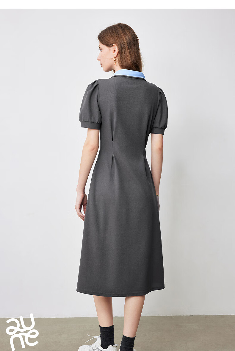 Chuyu Polo Collar Dress with Waist-Cinching Slimming Effect for Women, New Summer 2025 A-Line Short-Sleeve T-Shirt Midi Skirt, Gray, Size S 15