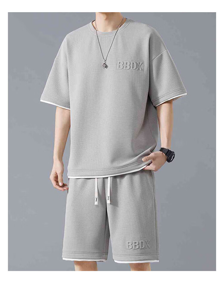 JEEP SPIRIT Men's Summer Waffle Short Sleeve T-Shirt and Shorts Set Casual Sports Two-Piece Suit Off-White L 8