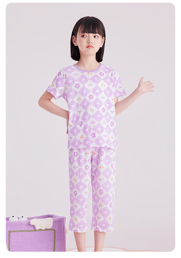 DEESHA Girls' Pajamas, Spring And Summer Thin Mesh Breathable Antibacterial Pure Cotton Air Conditioning Wear, for Older Children's Home Wear Set 7