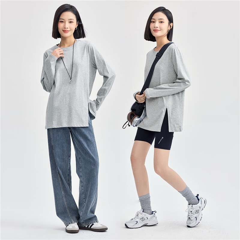 Женская футболка Giordano с длинным рукавом, весна 2026, из 100% хлопка, с разрезом по бокам, свободный круглый вырез, топ 05324800