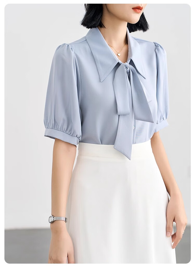 Bodexiaojie Blue Short-Sleeve Shirt for Women, Urban Daily Commute Outfit, Petite Chiffon Blouse, Interview Professional Shirt, Size S 16