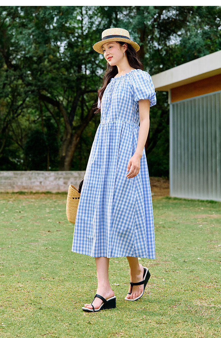 INMAN French Plaid Dress Summer Women's Versatile Puff Sleeve A-Line Skirt Navy Blue S 33