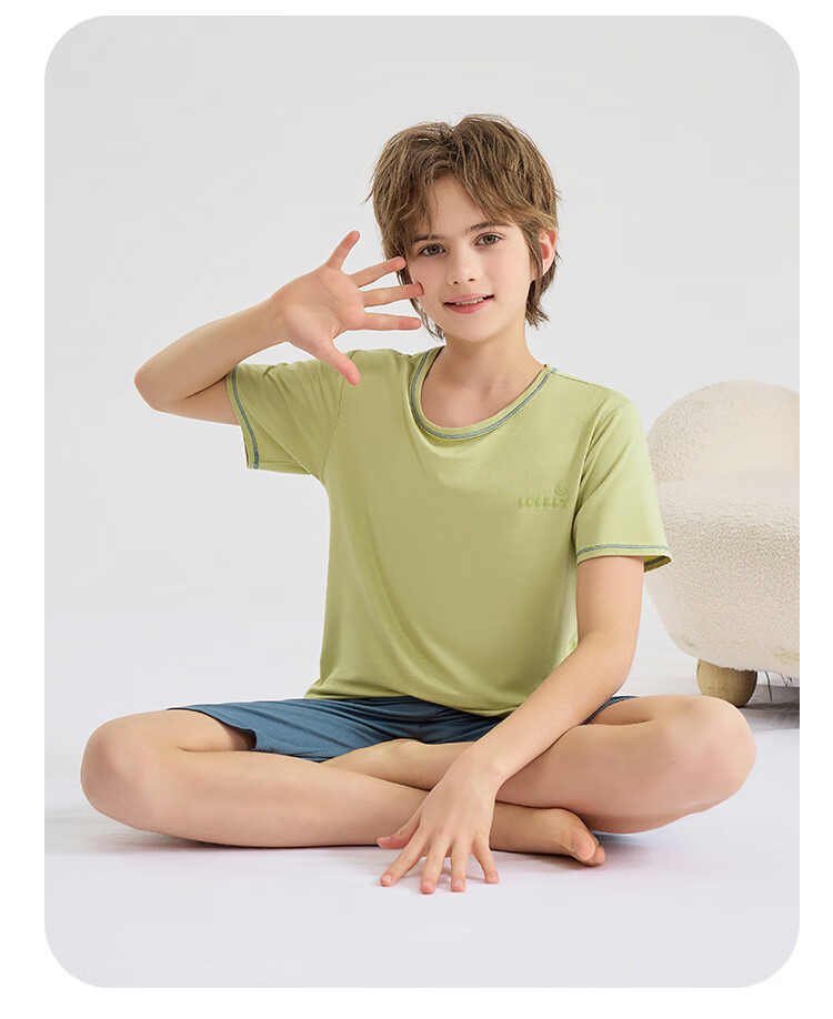 LangSha Children's Pajamas for Boys, Summer Thin Breathable Short-Sleeve Sleepwear Set Suitable for Older Kids, Green, Size 120 11