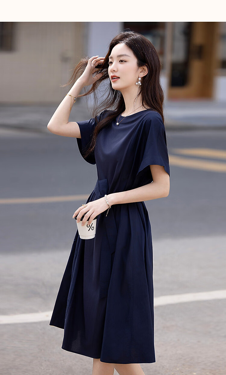 Dme [50 Pieces of Pure Cotton Brocade] Summer Elegant Office Round Neck Tie-Up Spliced Mid-Length Slimming Women's Dress 8