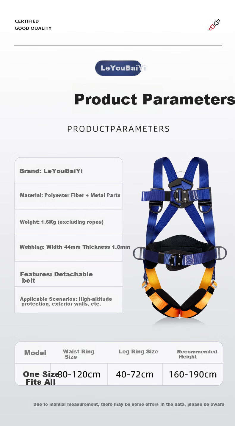 Leyoubaiyi Five-Point Safety Harness, High-Altitude Work, Fall Protection National Standard Safety Belt with Double Large Hooks, 2 Meters 7